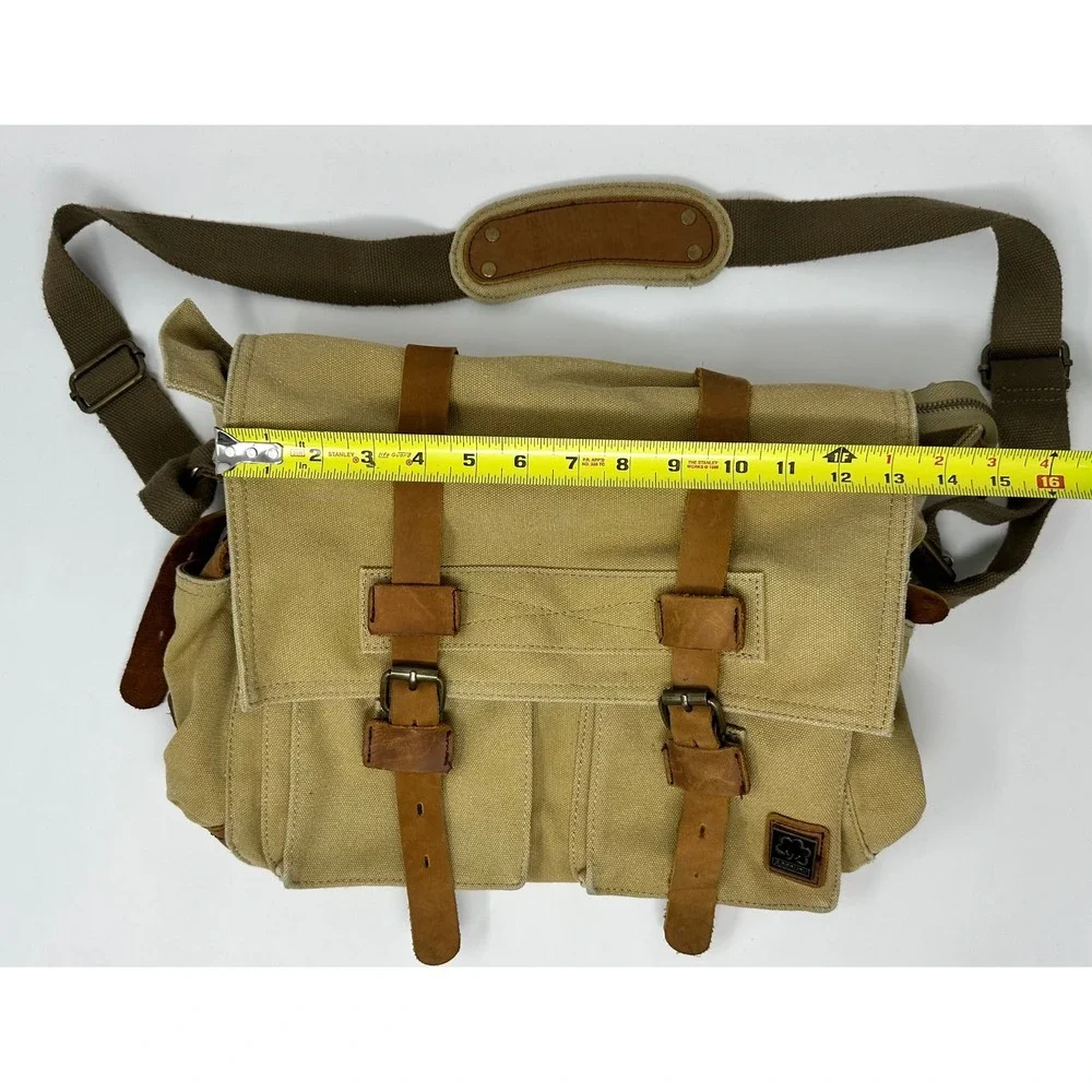 Sechunk Vintage Canvas Messenger Bag Leather Trim Khaki Satchel Laptop Bag Stain